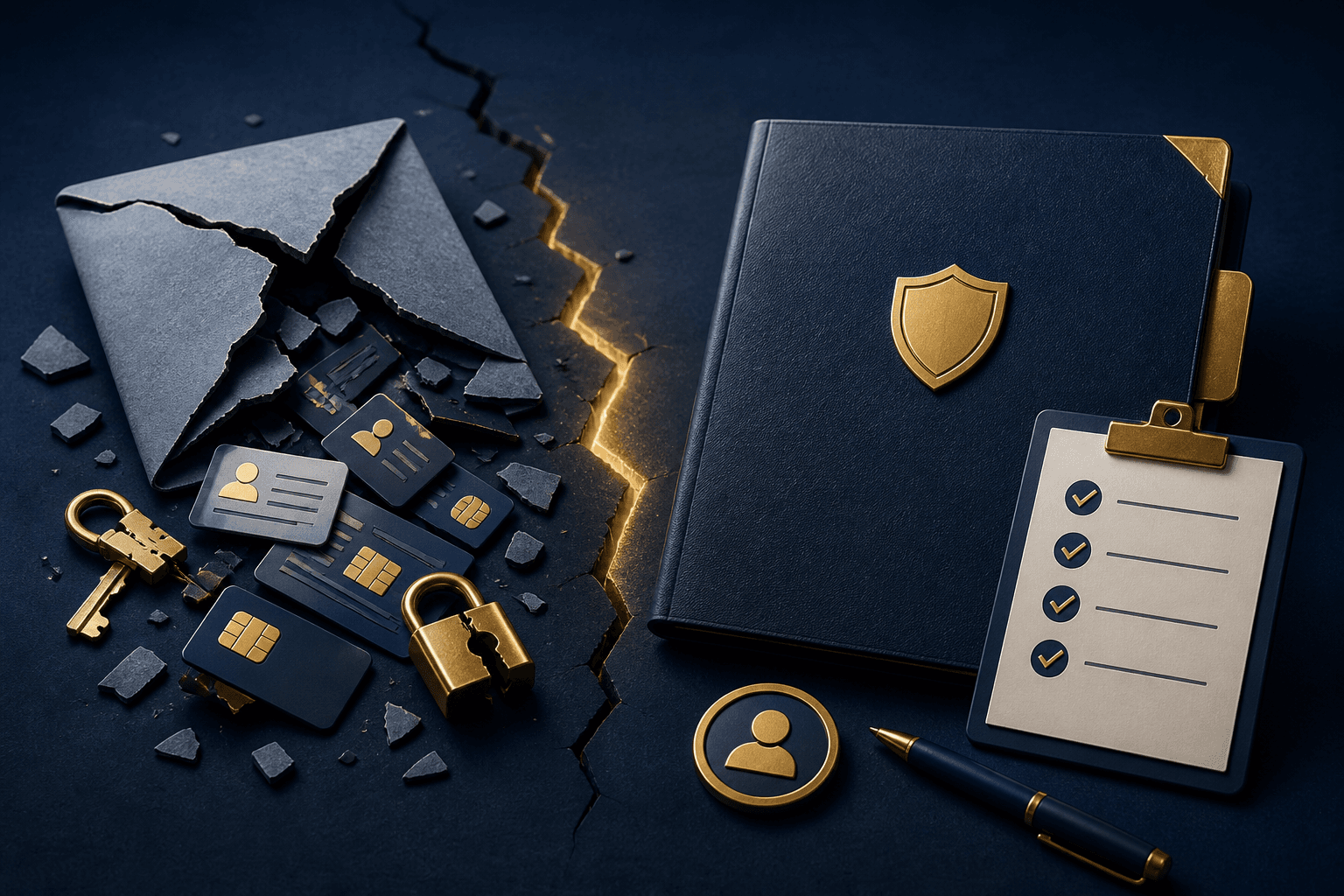 A cracked breach envelope next to a recovery folder