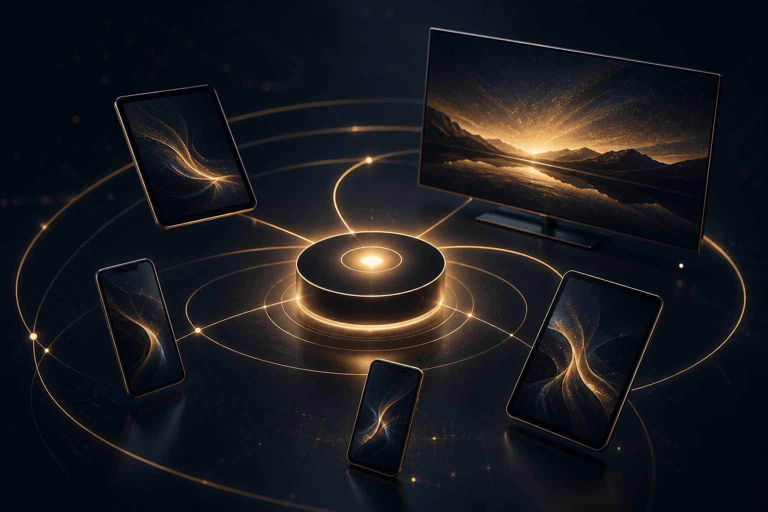 Phones, tablets, and a TV orbiting one protected hub