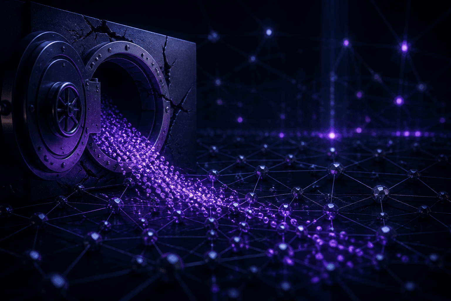 Abstract illustration of leaked credentials spilling from a cracked vault
