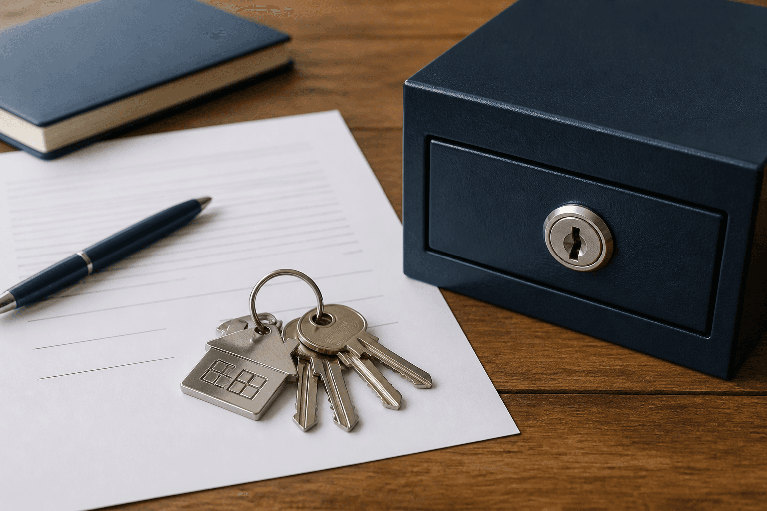 House keys, a written stay agreement, and a locked deposit box on a table