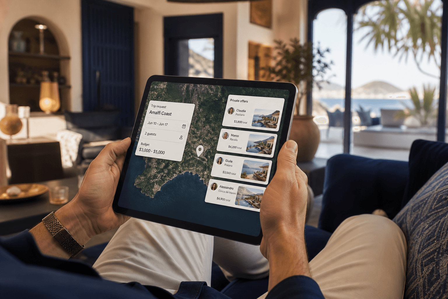 A trip request on a tablet with private host offers arriving beside it