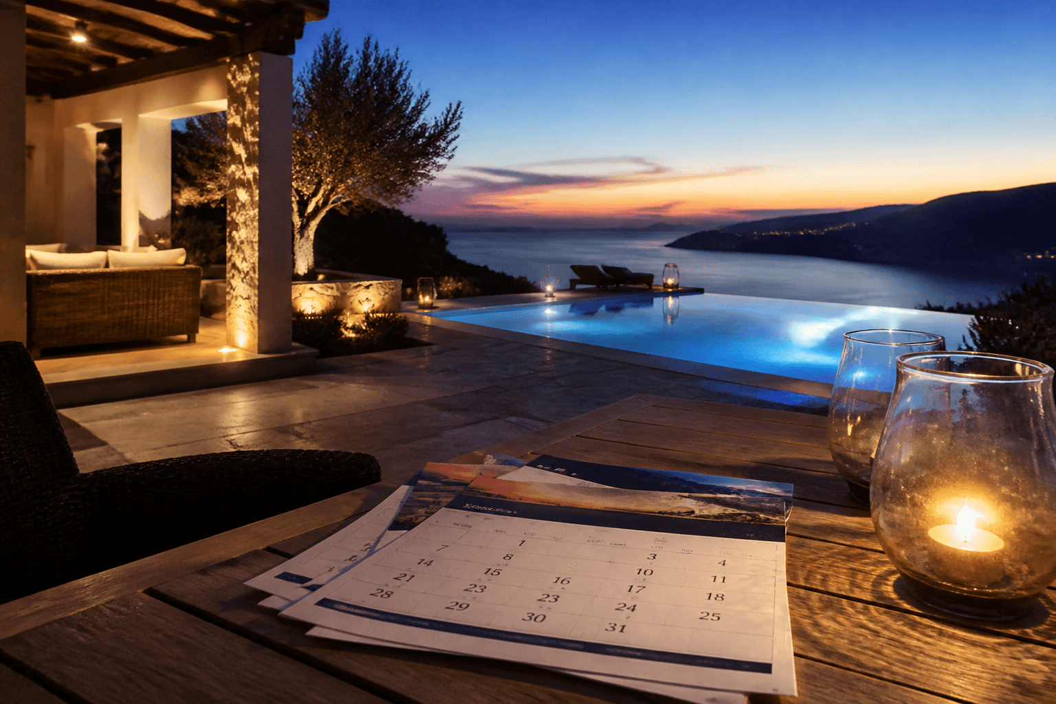 An empty vacation villa at dusk with a calendar on the table