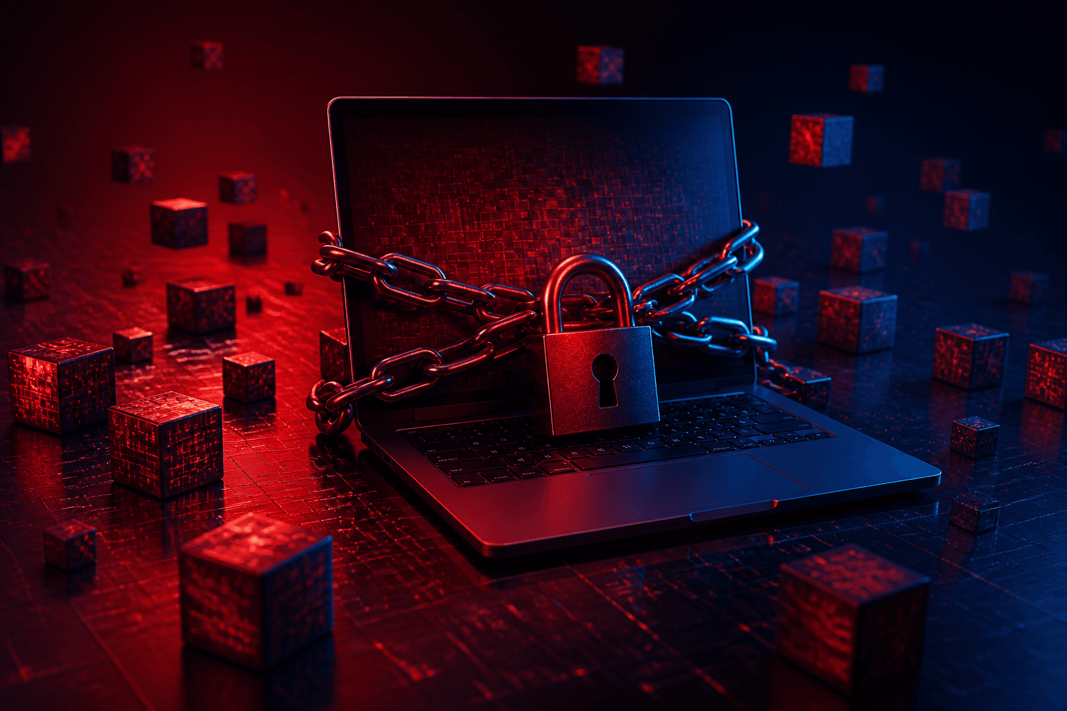 Illustration of a padlock wrapping a laptop to represent ransomware