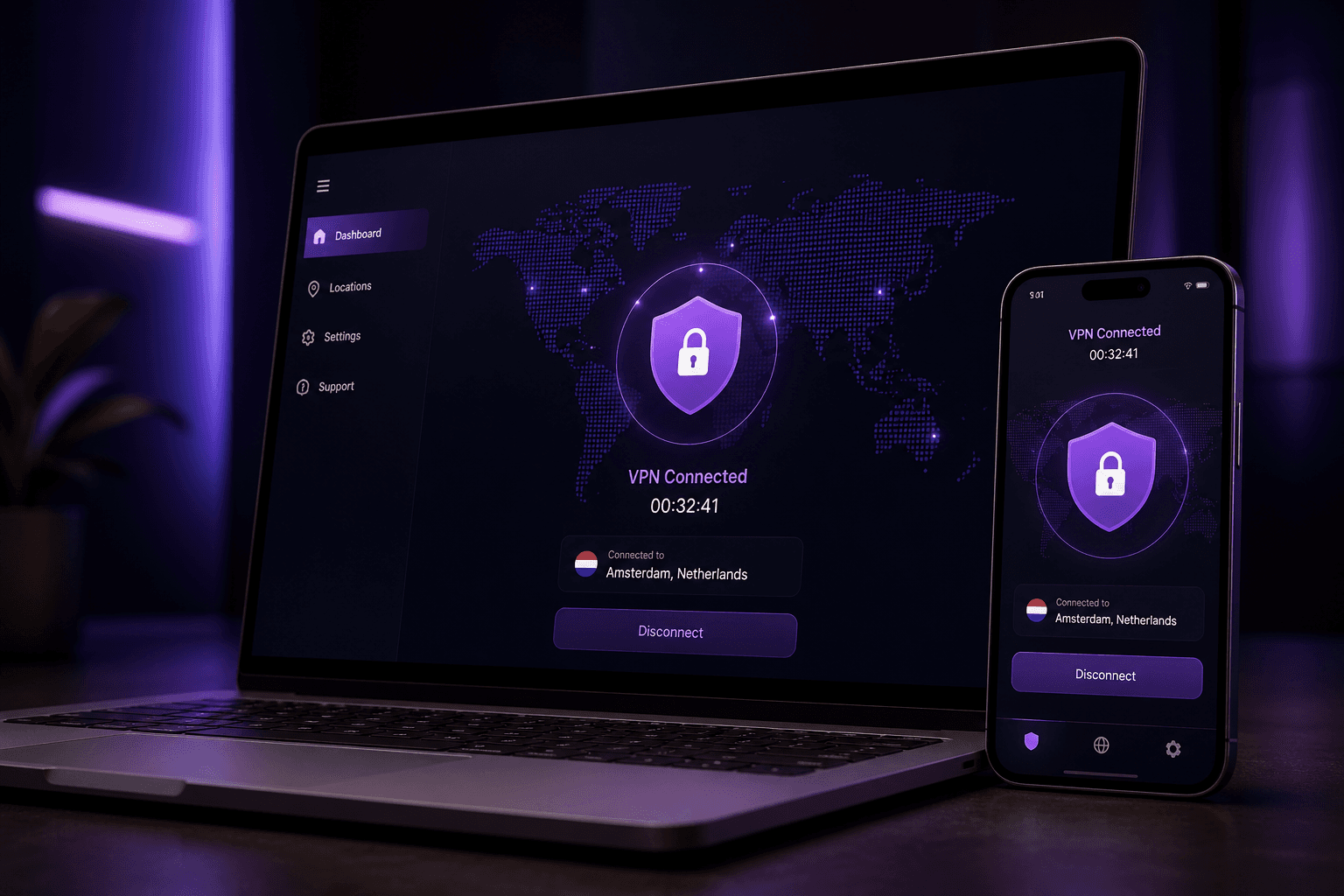 Phones and a laptop sharing one protected connection