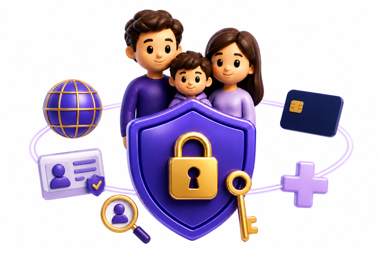 Stylized family behind a GUIDEORA shield, with VPN, identity, credit, healthcare, and lookup tools around them